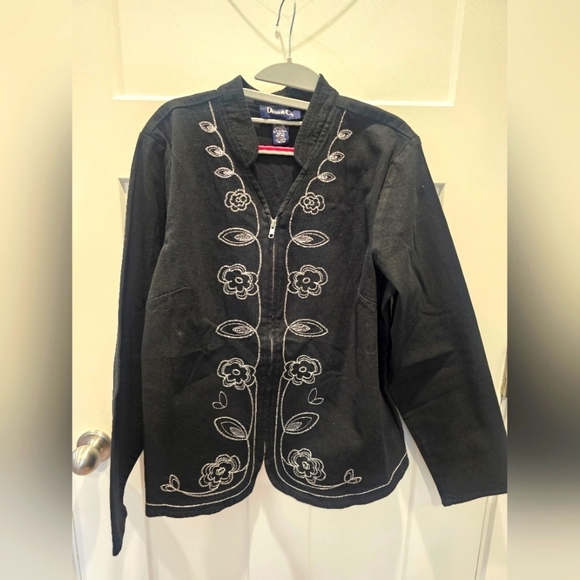 Denim & Co. Black Floral Embroidered Zip Jacket Size Large Metallic Thread - Picture 1 of 8